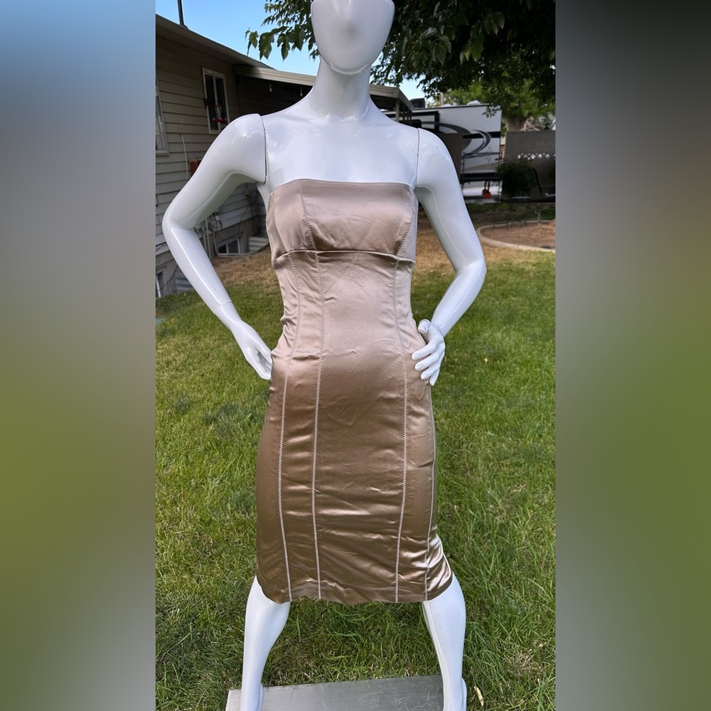 Bebe Gold Ruched Strapless Bodycon Dress